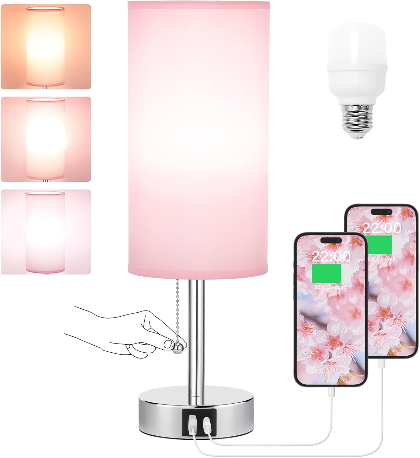 USB Gold Bedside Lamp — Pink-Silver