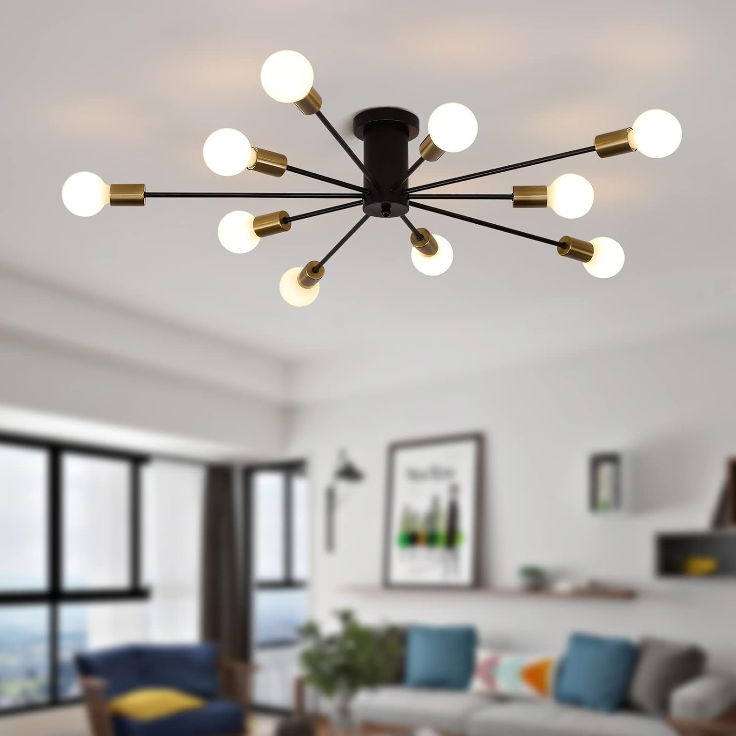 Farmhouse Black Chandelier — 10-Light — 10 Lights/Black and Gold