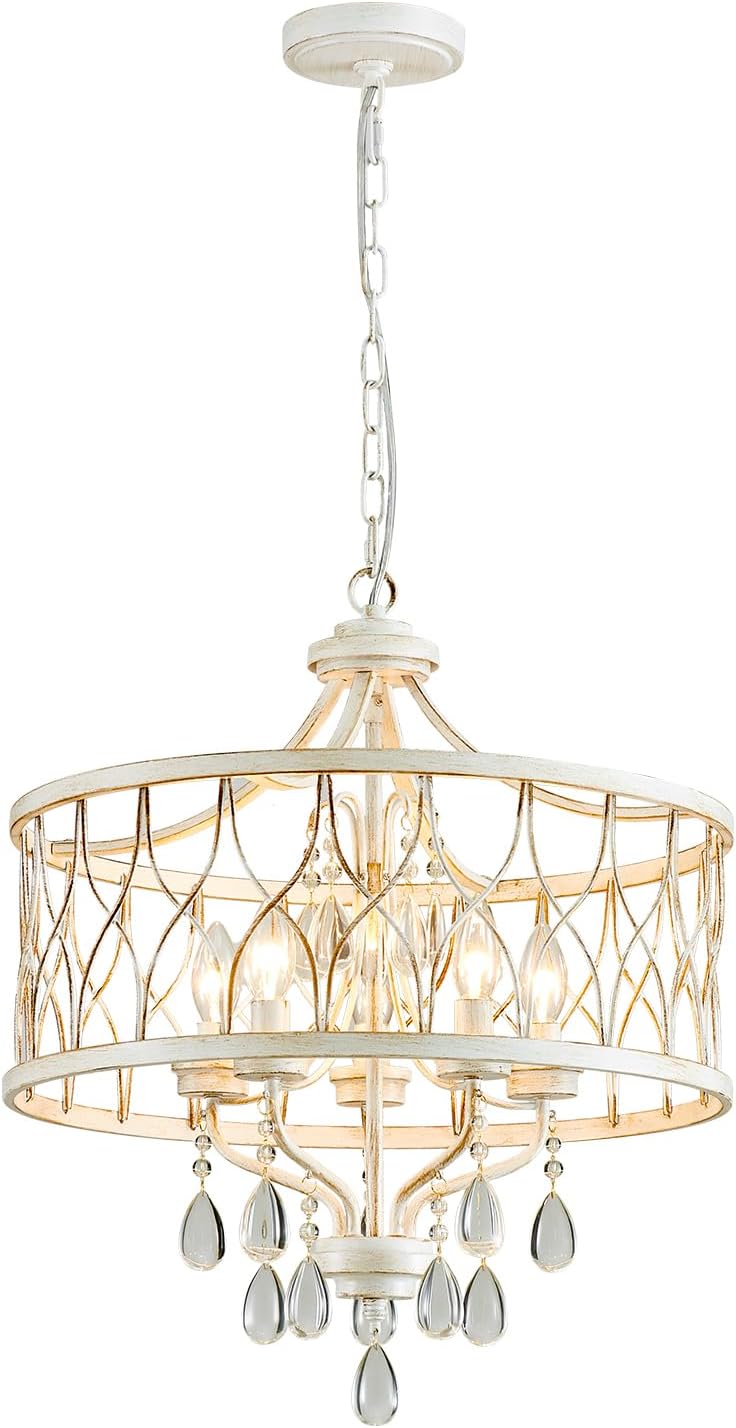 Round Farmhouse Gold Chandelier — 3-Light — White