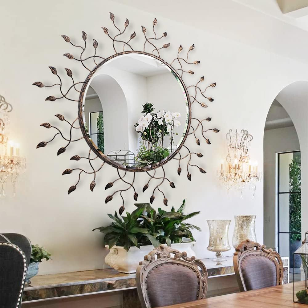 Round Luxe Black Wall Mirror — 39" — Bronze