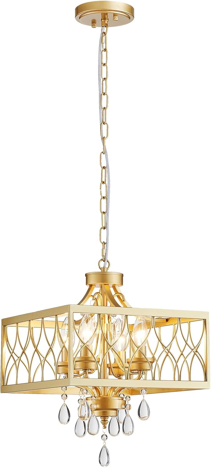 Round Farmhouse Gold Chandelier — 3-Light — Pendant Light, Gold, 4 Light