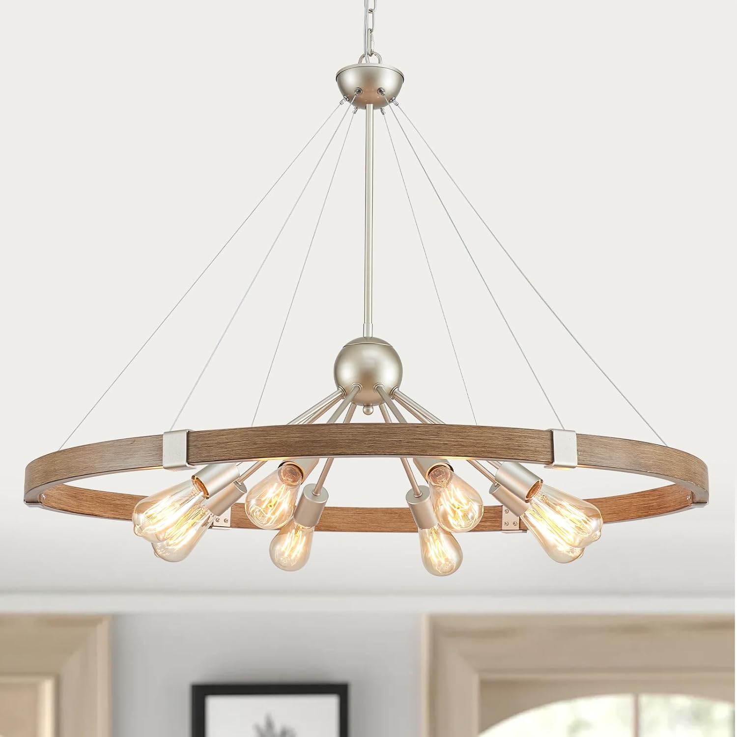 Round Farmhouse Black Chandelier — 5-Light — Nickel Wood Grain Chandelier-8 Light