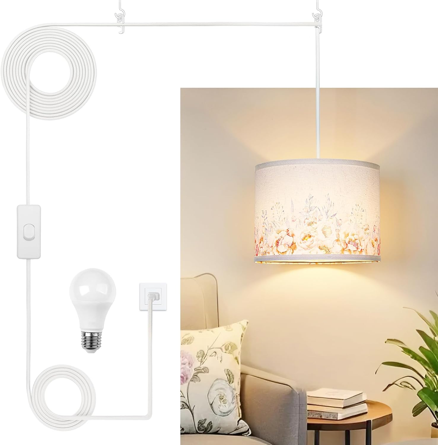 Dimmable Boho Fabric Pendant Light — Floral Linen/1