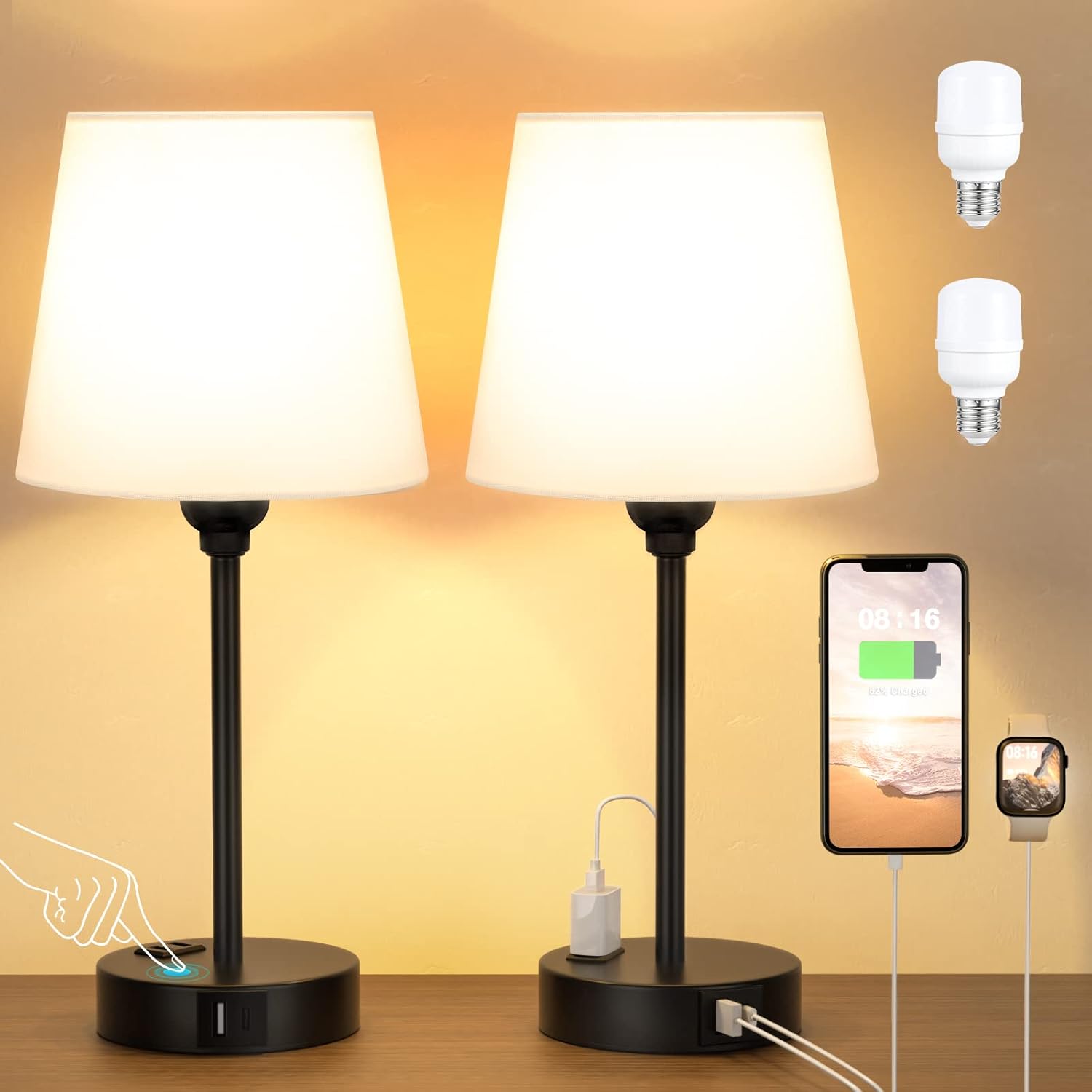 Dimmable Beige Bedside Lamp — Set of 2 - View 6