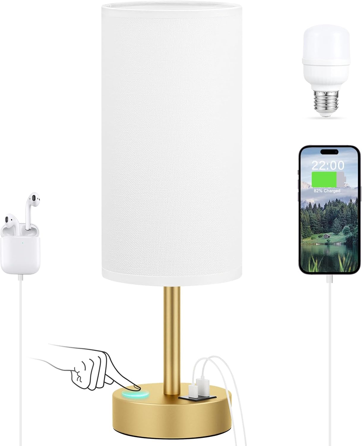 Dimmable Beige Desk Lamp — 14" — White & Gold