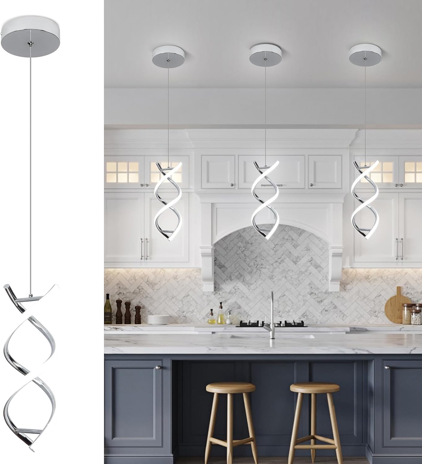 Dimmable Modern Black Pendant Light — Chrome, 6000K, 1 Pack