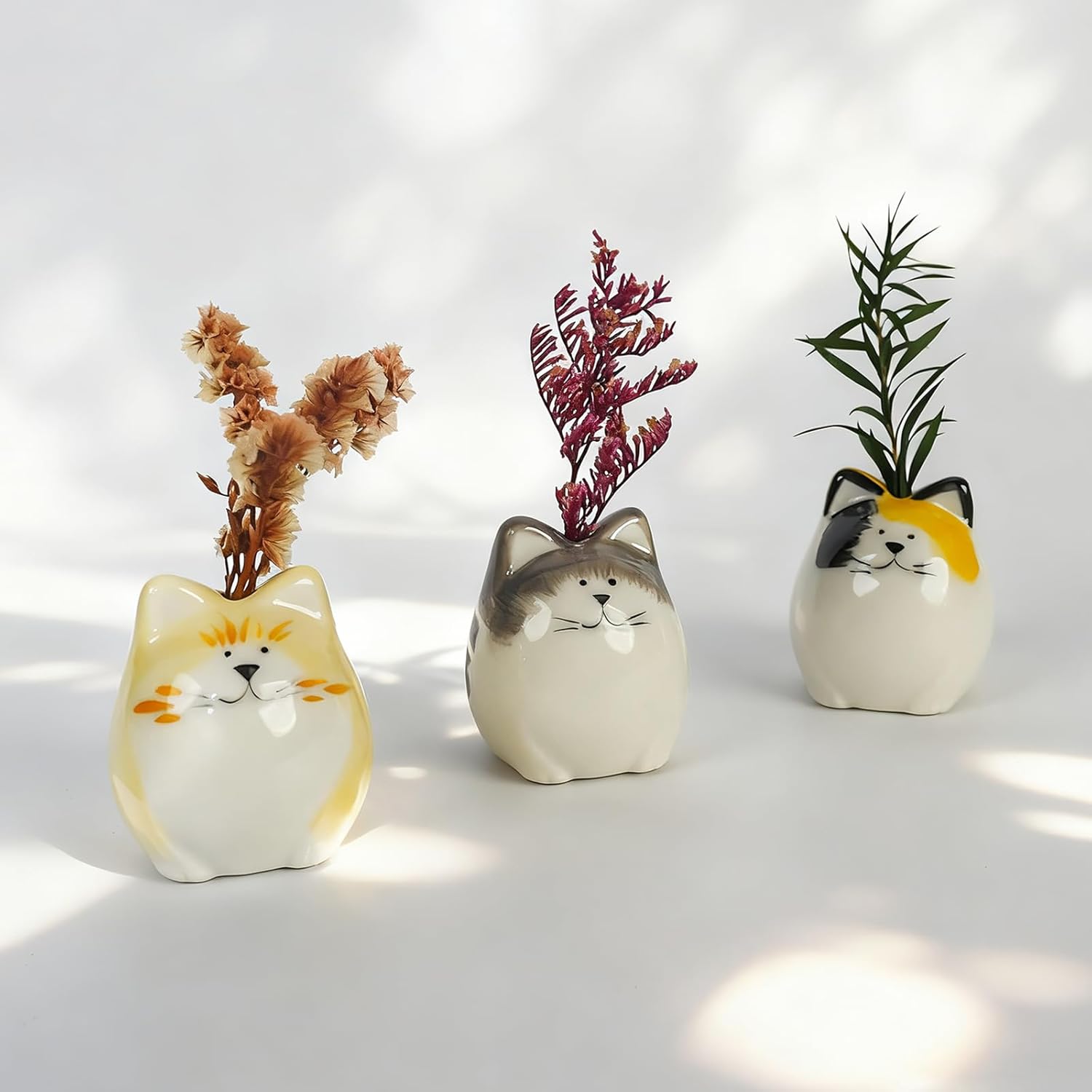 Ceramic Flower Vase — Set of 3 — 3 Pcs Painted Cat Vase