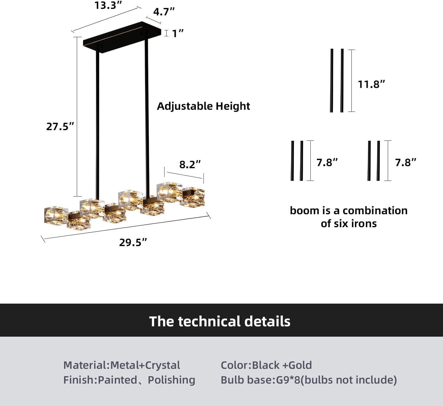 Adjustable Luxe Black Chandelier — 8-Light - View 4
