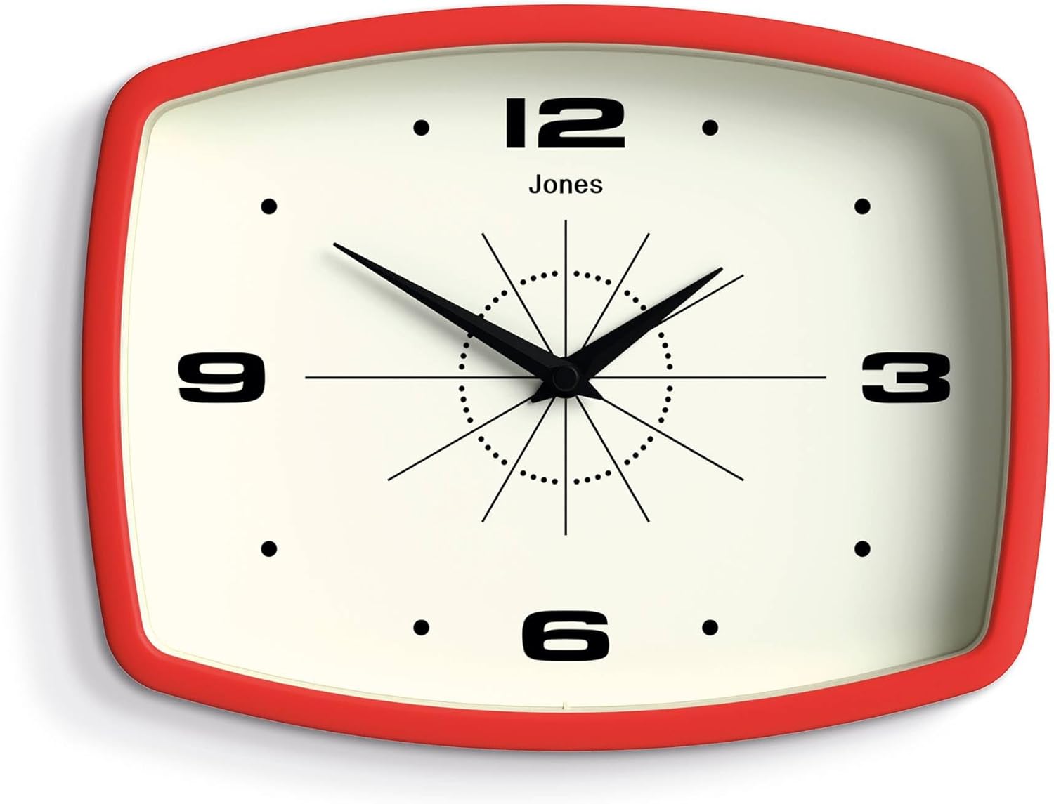 Rectangular Mid-Century Black Wall Clock — 10" — Red