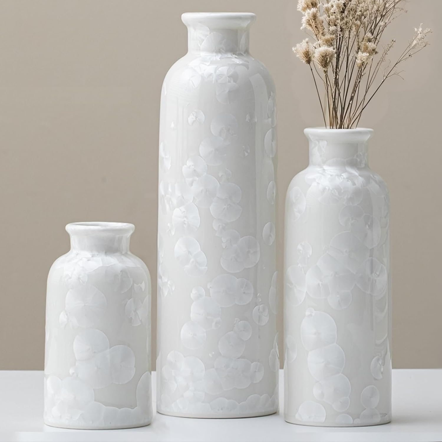 Farmhouse Beige Vase Set — Set of 3 — Crystalline Glaze White