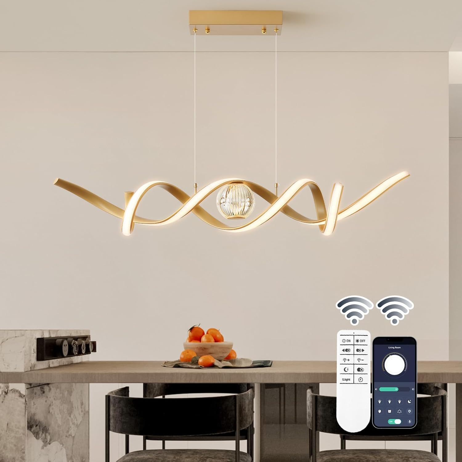 Dimmable Luxe Black Chandelier — gold spiral curve