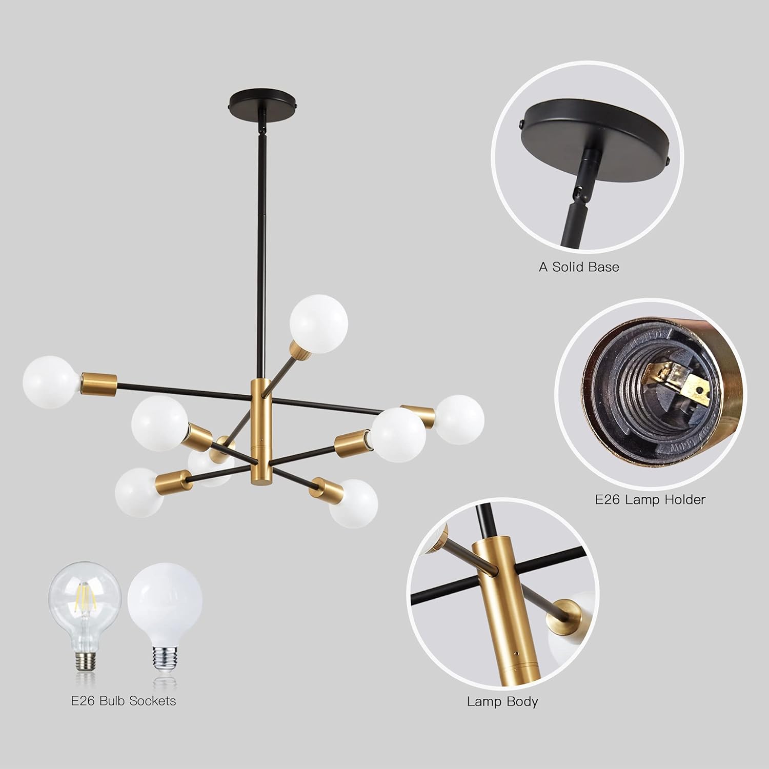 Adjustable Luxe Black Chandelier — 8-Light - View 9