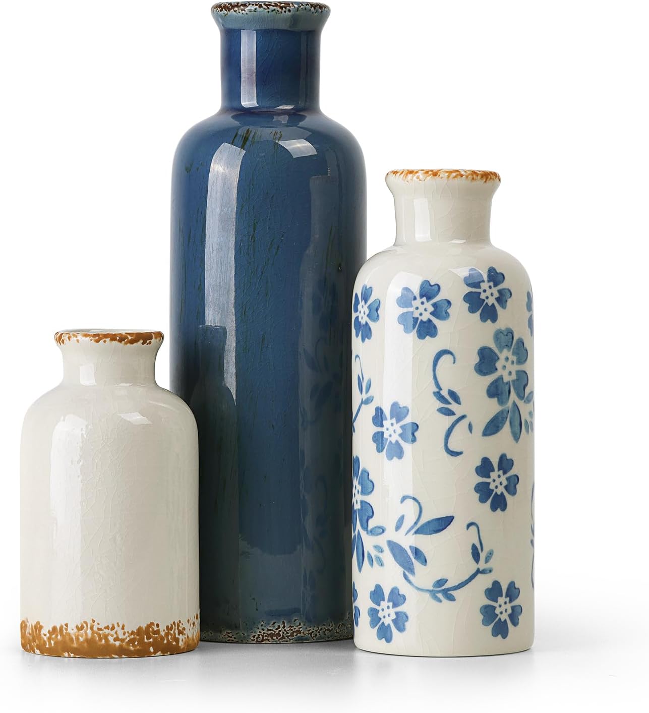 Farmhouse Beige Flower Vase — Set of 3 — 3pcs-vintage Blue