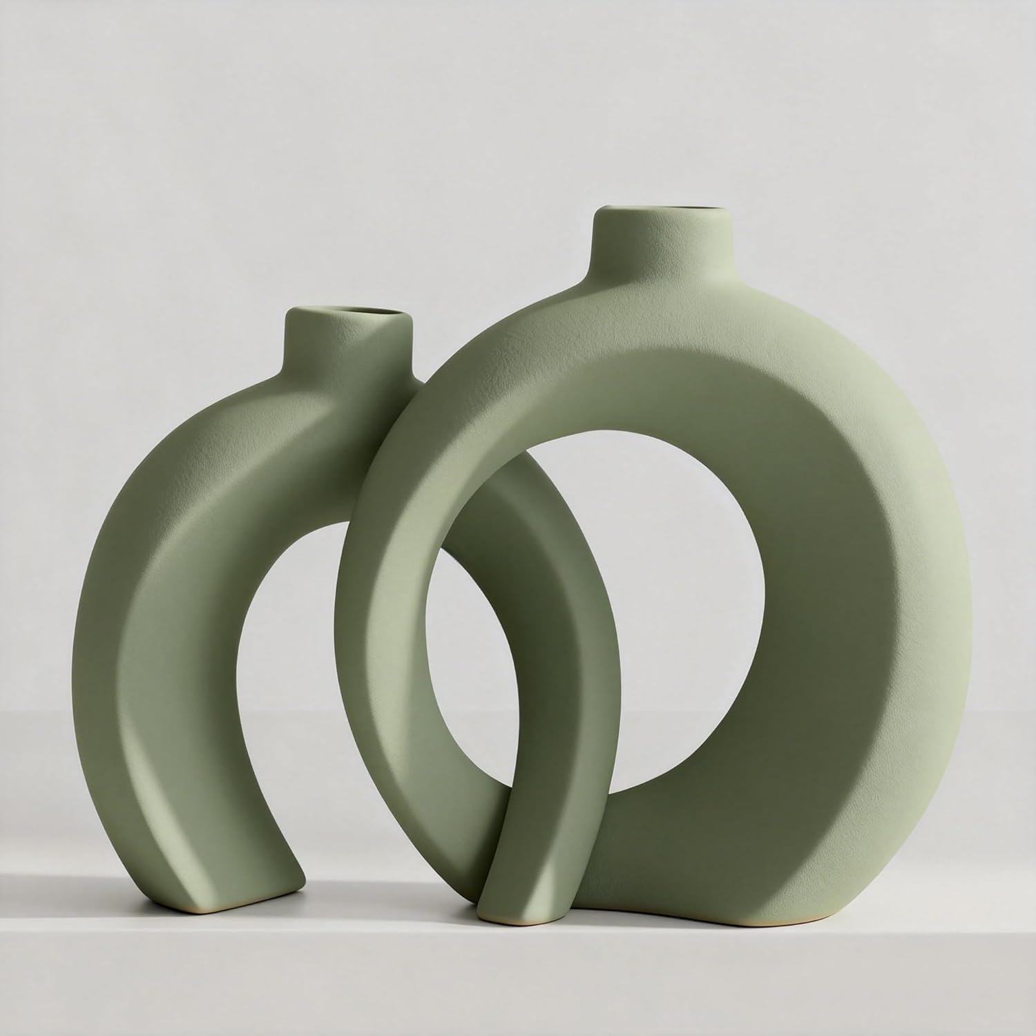 Modern Beige Decorative Vase — Set of 2 — Matte Green