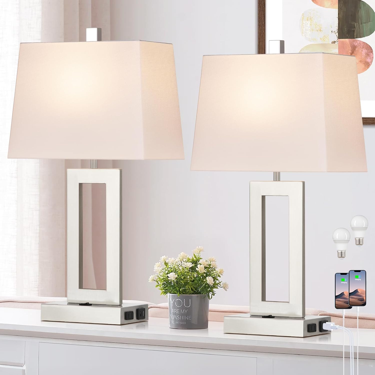 USB Modern Black Bedside Lamp — Set of 2 — Silver(Base)