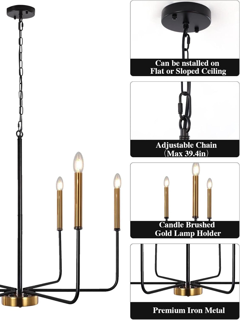 Farmhouse Black Chandelier — 6-Light - View 7