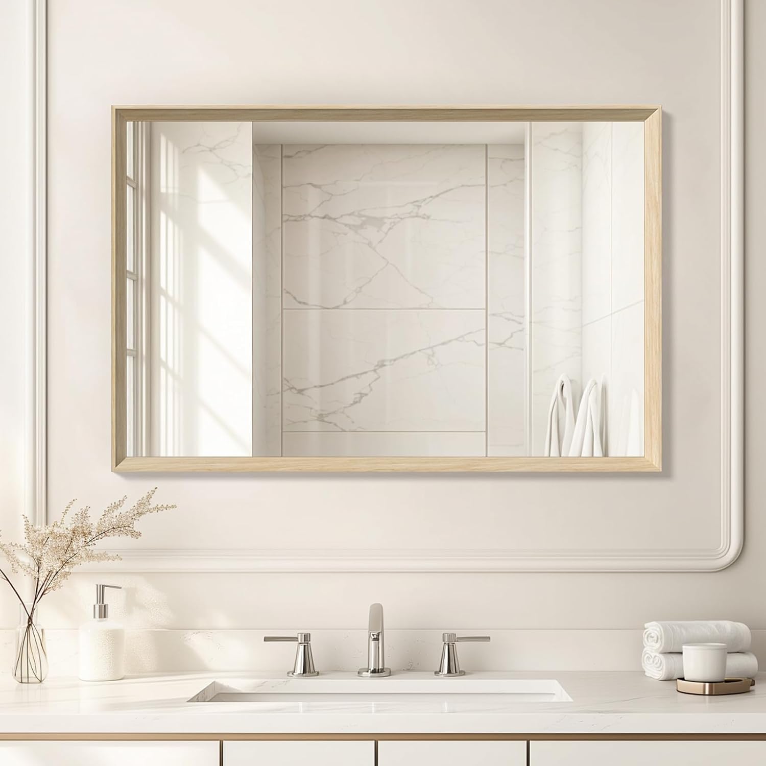 Framed Farmhouse Gold Wall Mirror — 20" — Oak Wood