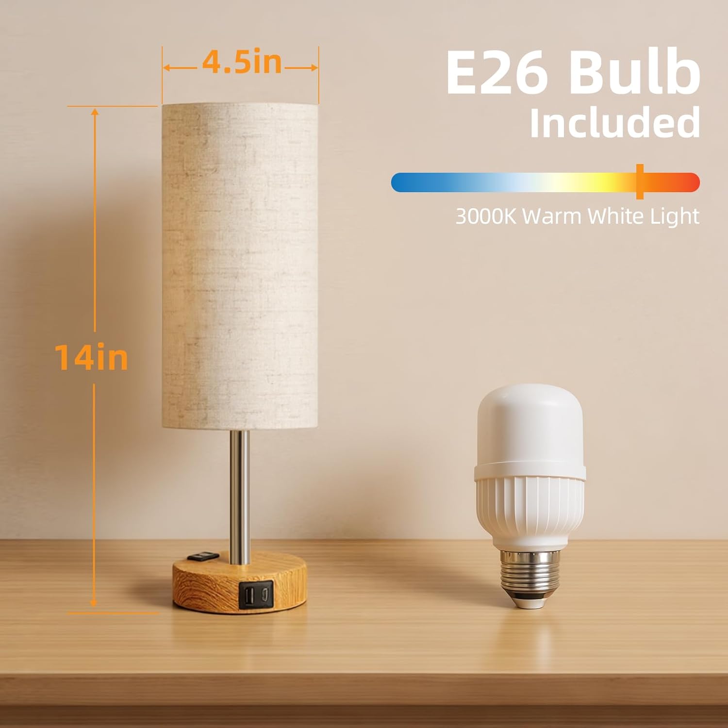 Dimmable Beige Bedside Lamp - View 6