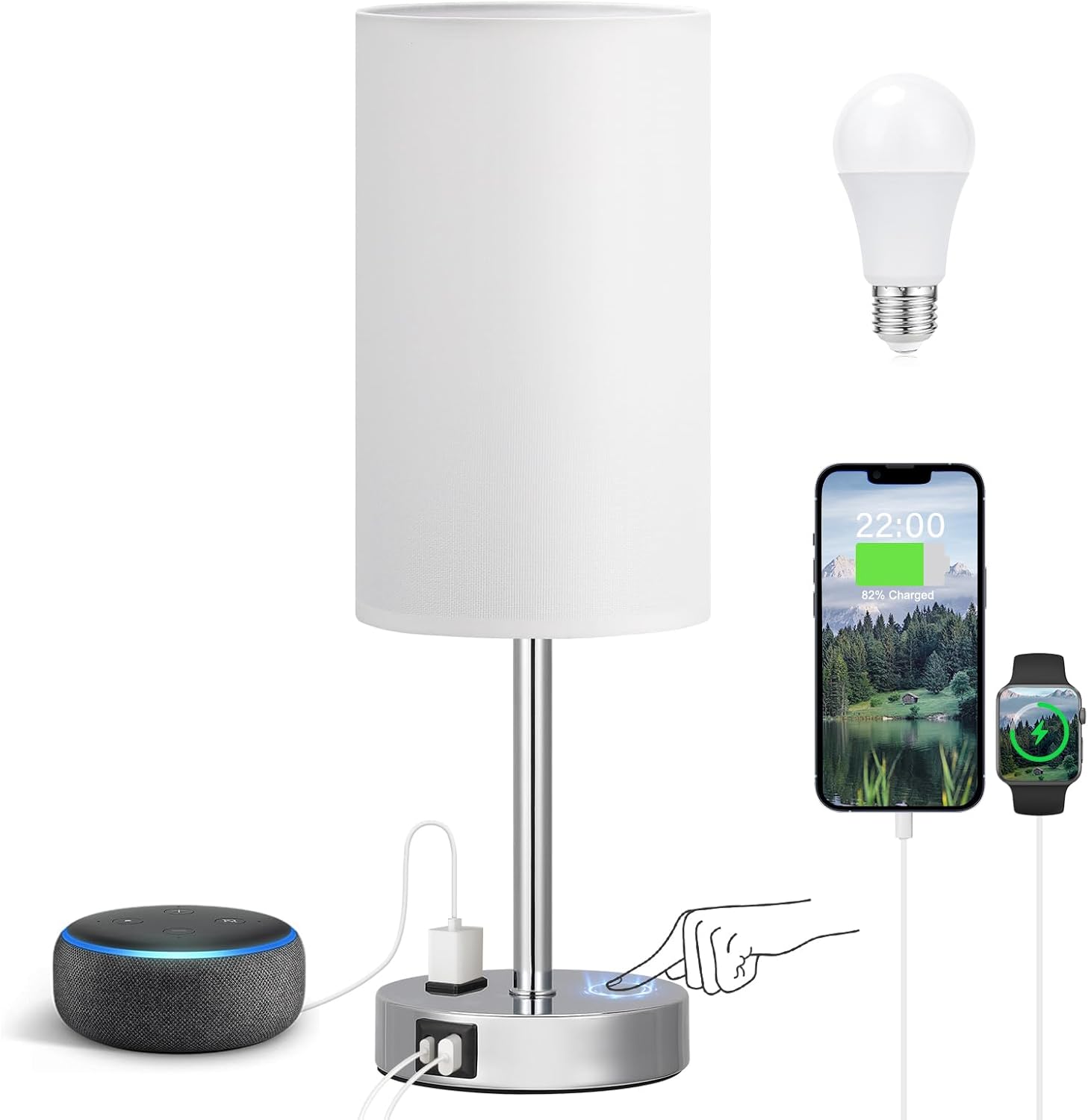 Dimmable Beige Table Lamp — 14" — White - Silver