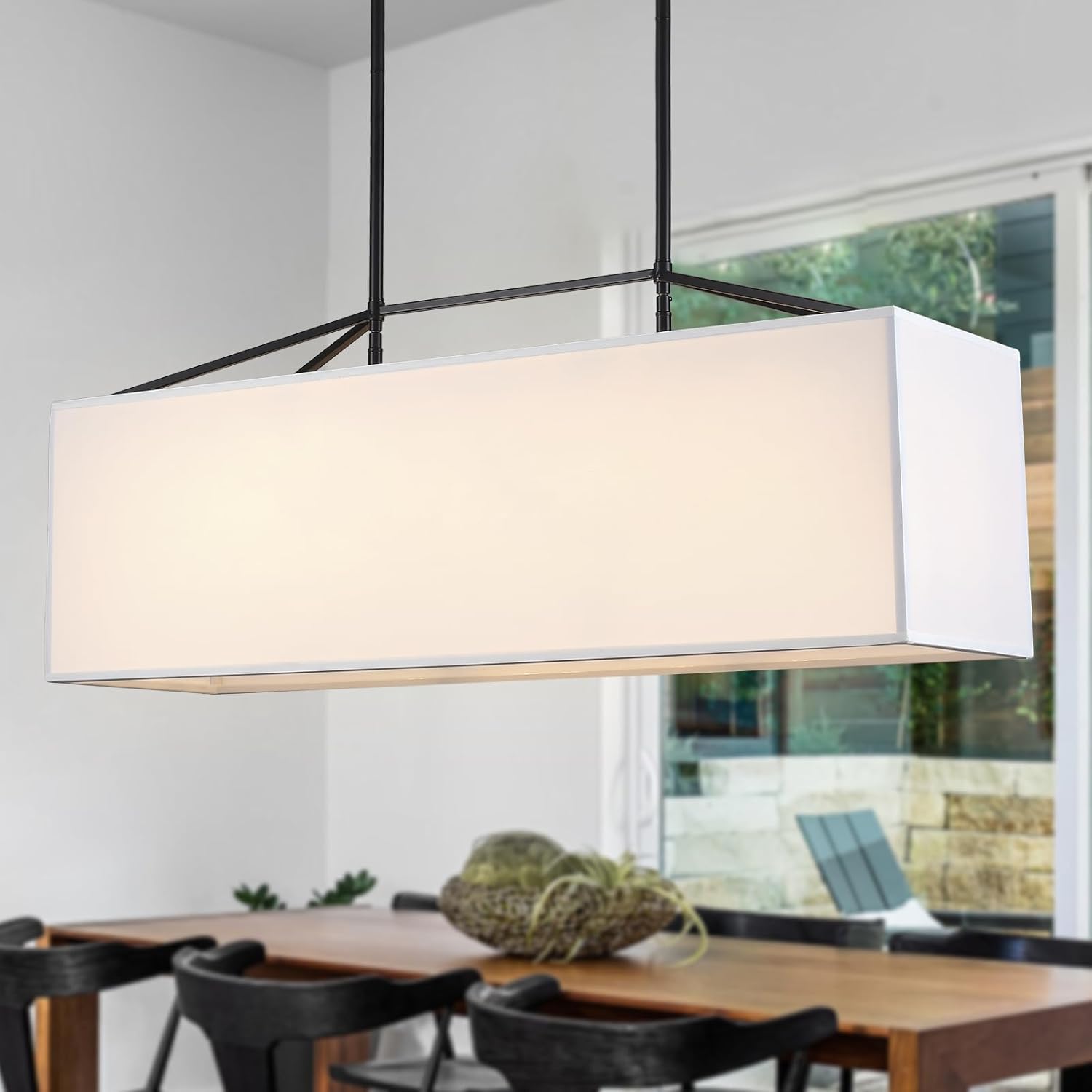 Adjustable Farmhouse Black Chandelier — 7-Light — White Fabric-A