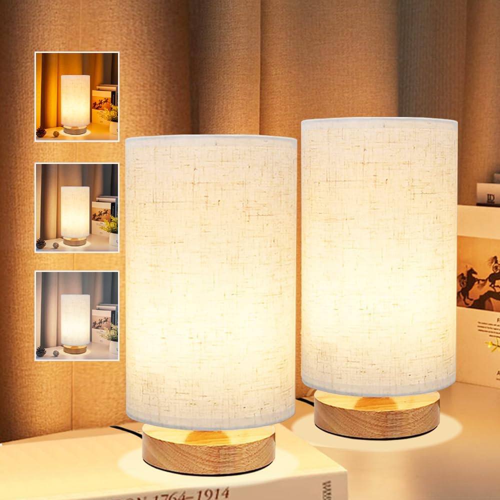 Round Boho Wood Table Lamp — Set of 1 — 3 Color Adjustable - Set of 2
