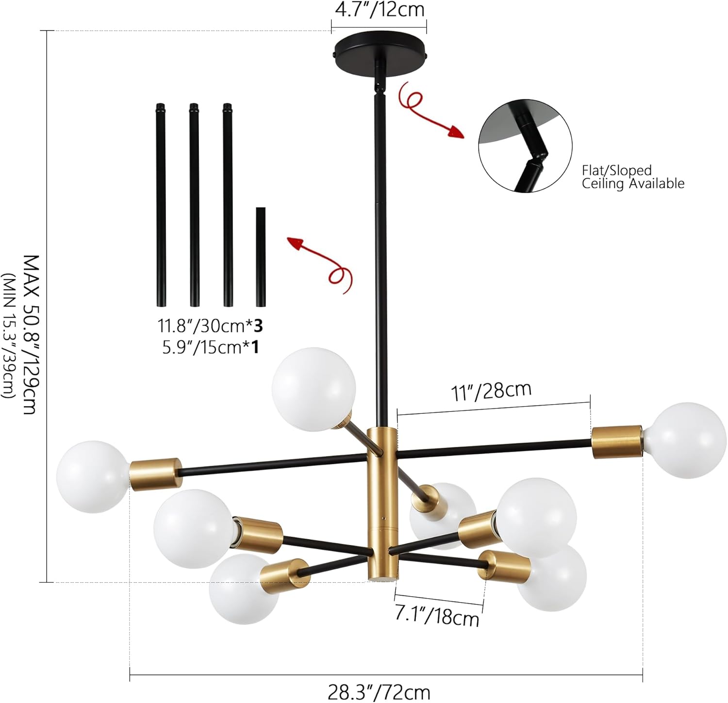 Adjustable Luxe Black Chandelier — 8-Light - View 2