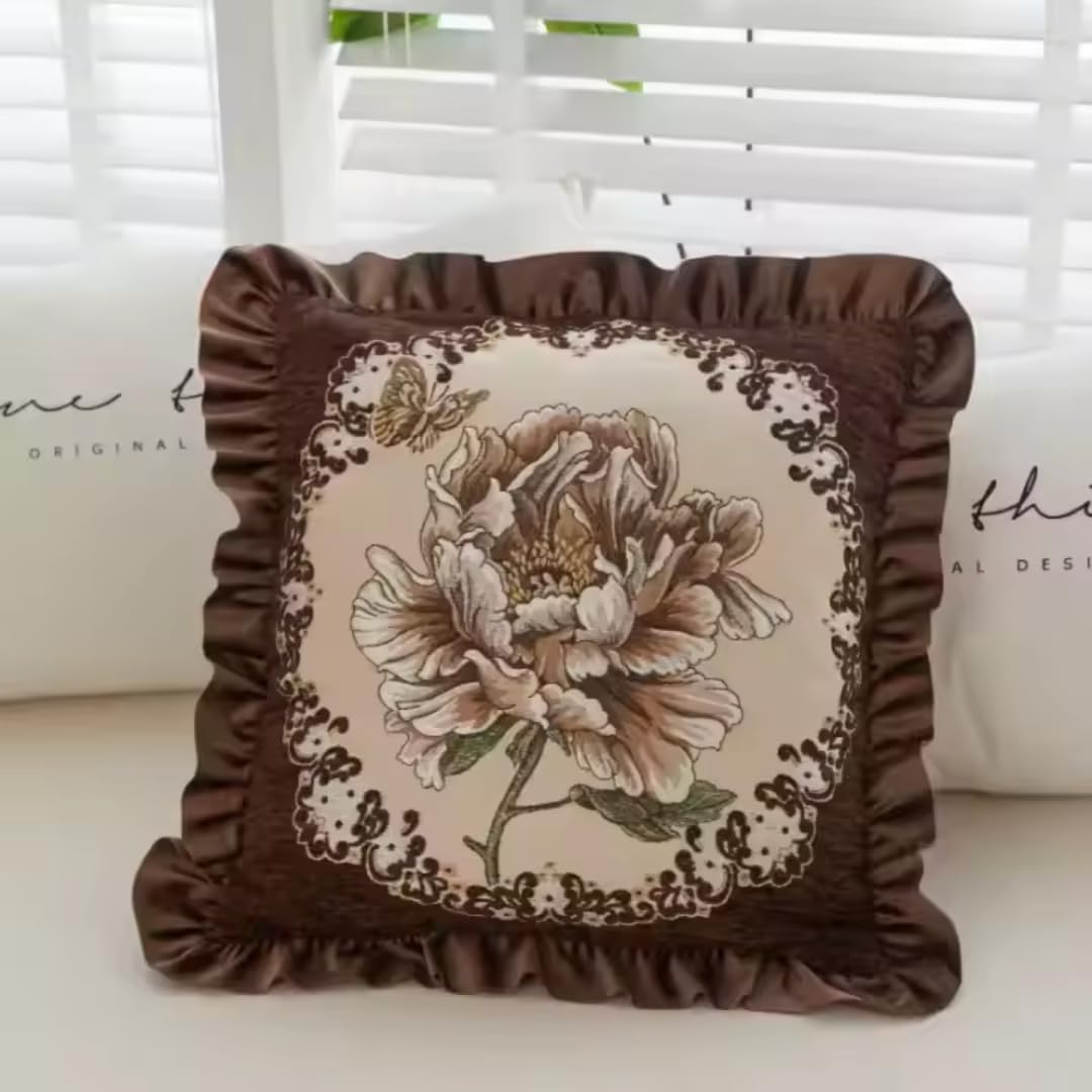 Embroidered Boho Beige Throw Pillow Cover — 18" — Brown Lotus Leaf