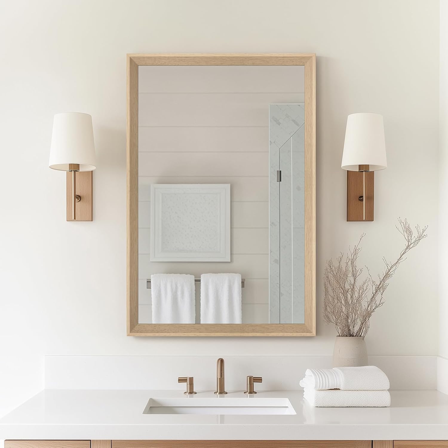 Framed Farmhouse Gold Wall Mirror — 20" — Oak Wood