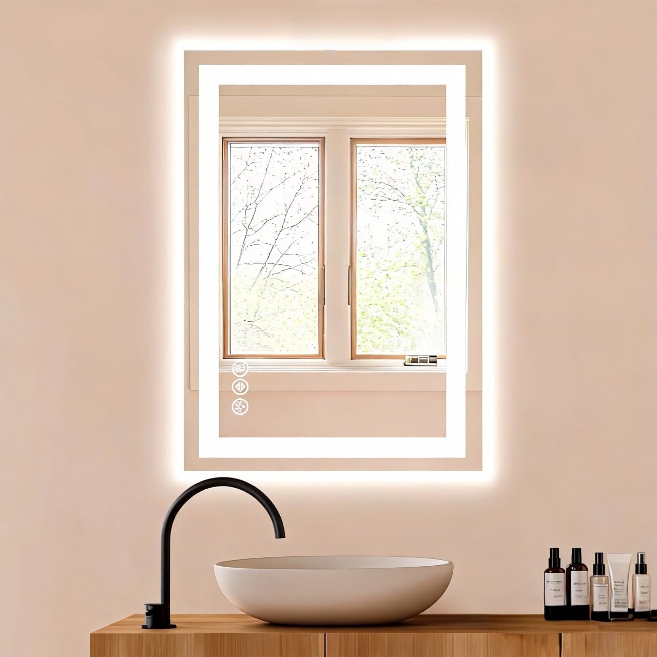Round Luxe Beige Wall Mirror — 30" — White-rectangular-led
