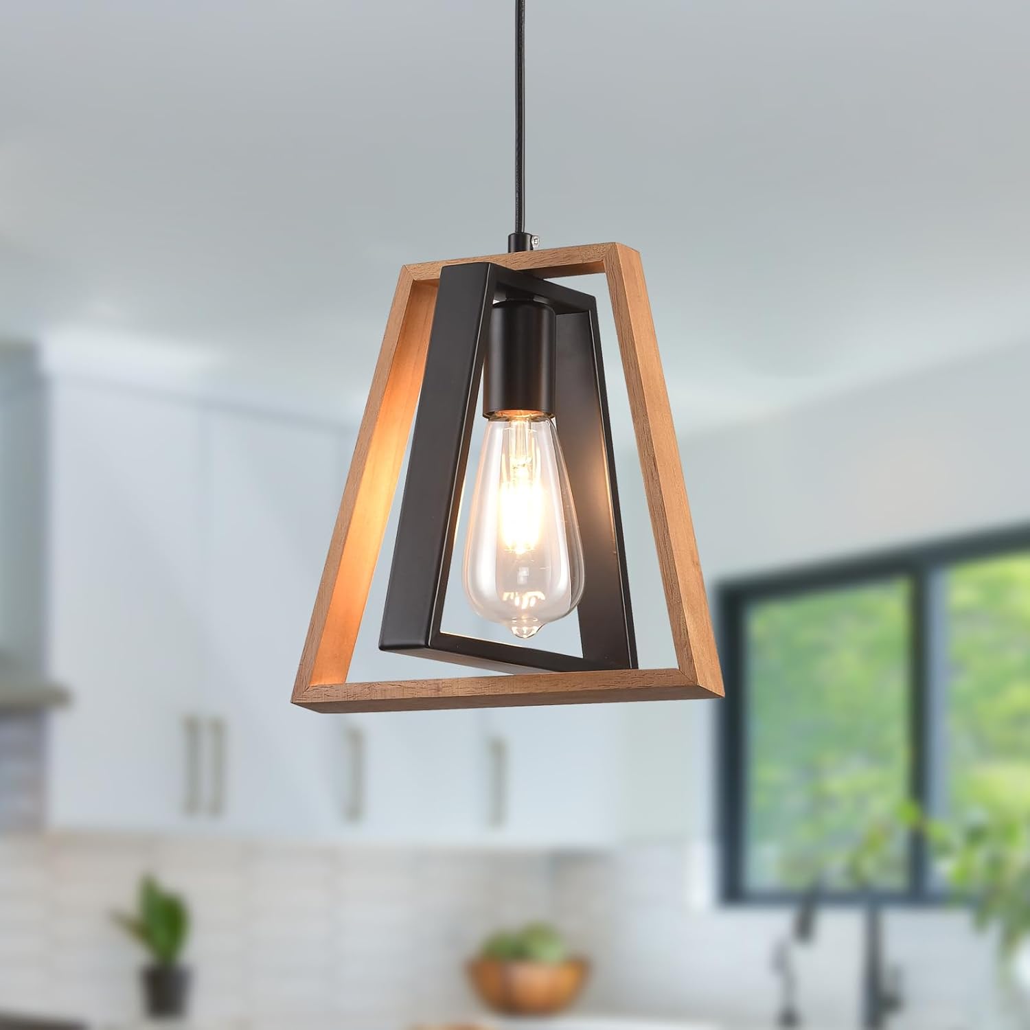Farmhouse Beige Chandelier — 10-Light — Brown Triangular Wood