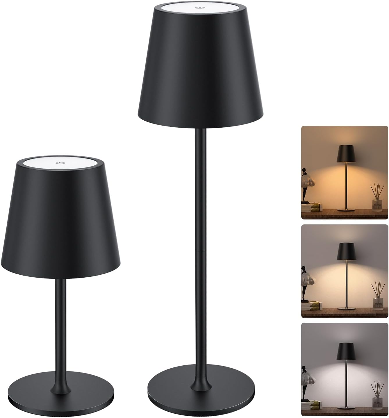 Cordless Black Table Lamp — 2 Pack-Round Base