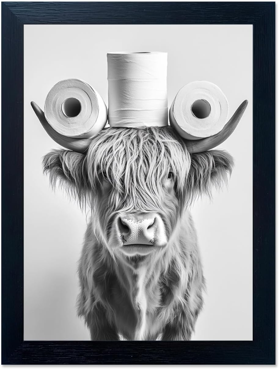 Framed Farmhouse Black Wall Decor — 8" — Highland Cow Bathroom Wall Decor