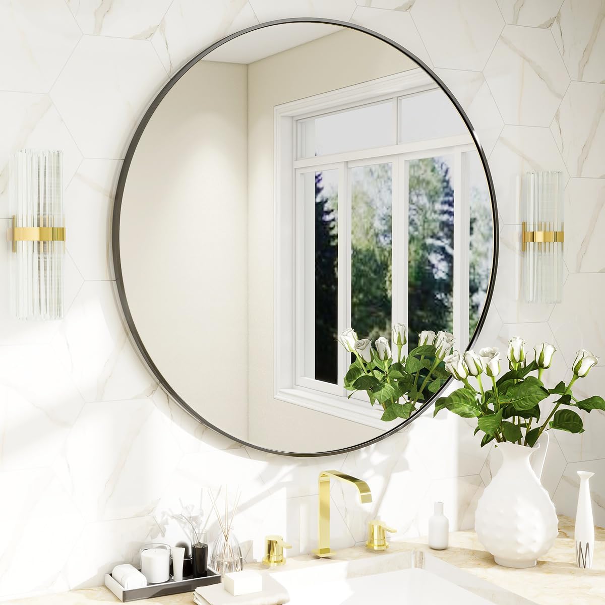 Luxe Black Round Mirror — 24" — Black