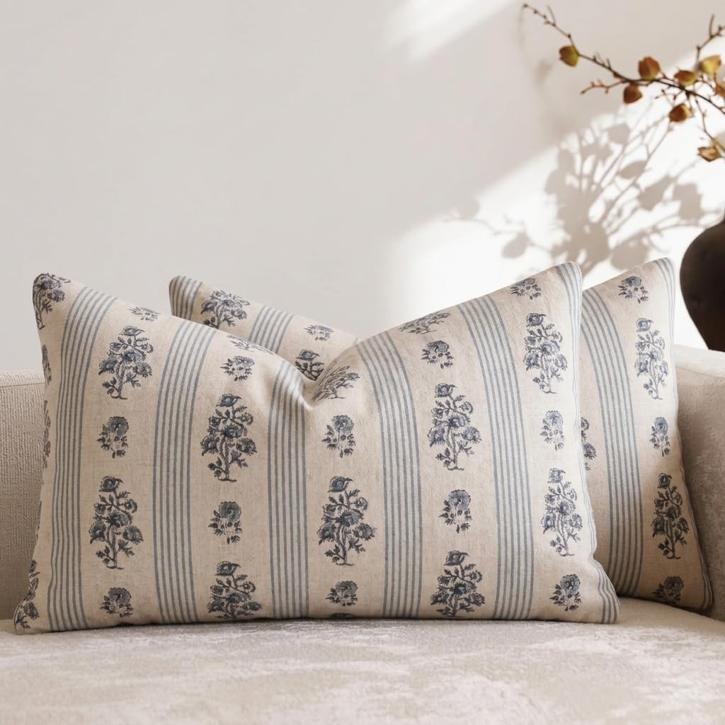 Farmhouse Beige Throw Pillow Cover — 18" — Light Blue