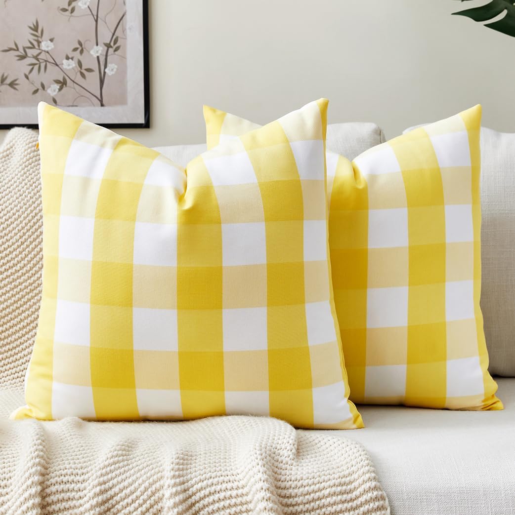 Boho Beige Throw Pillow Cover — 18" — Yellow Check
