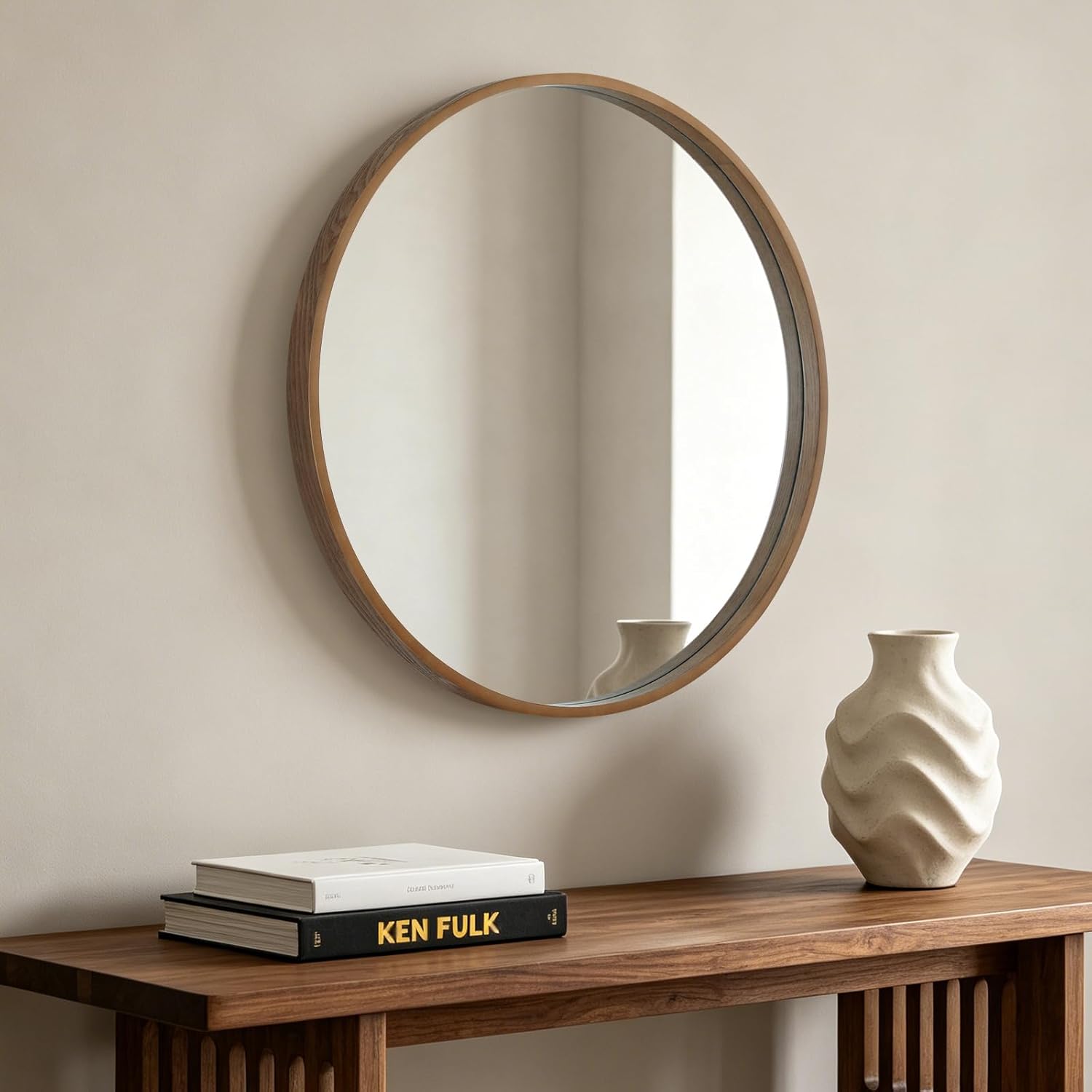 Framed Farmhouse Beige Wall Mirror — 24" — Walnut