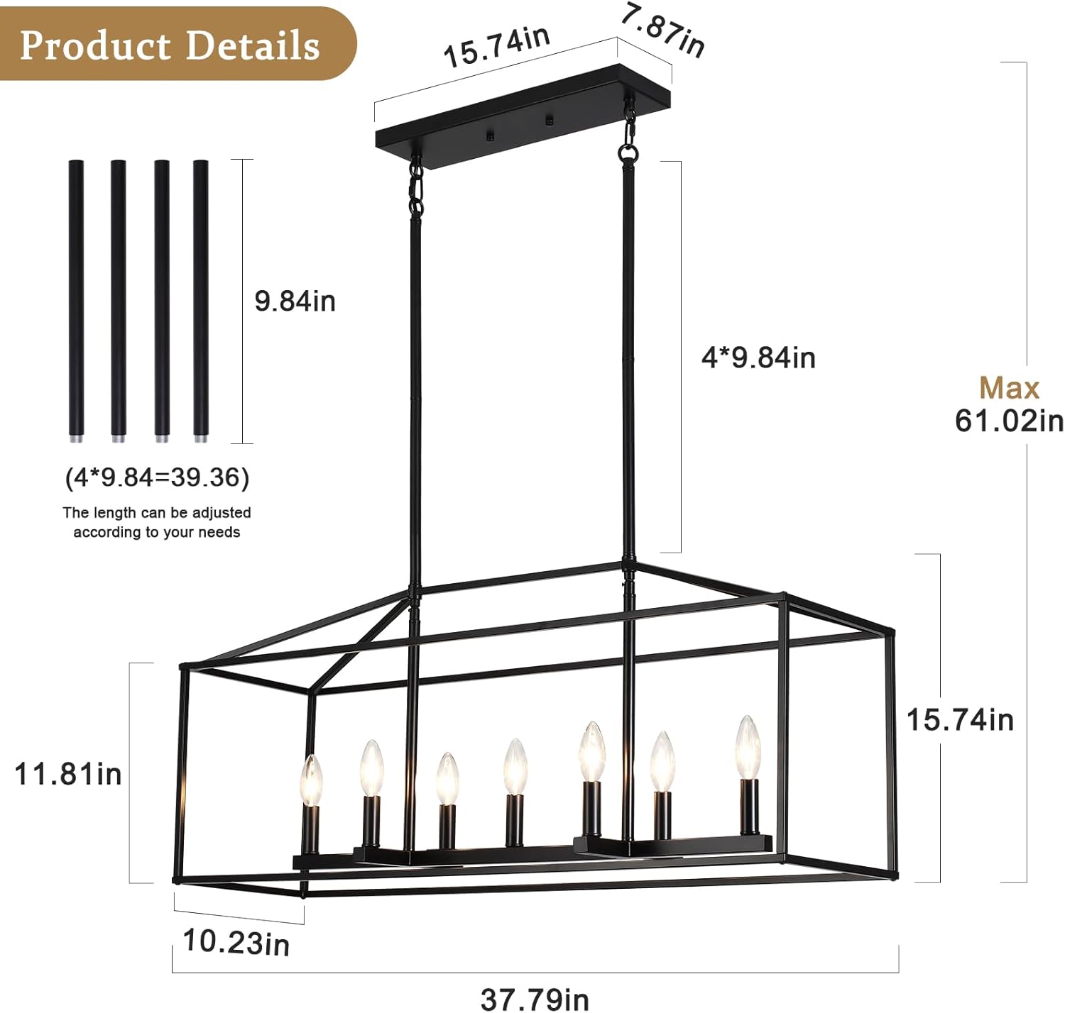 Adjustable Farmhouse Black Chandelier — 7-Light - View 5