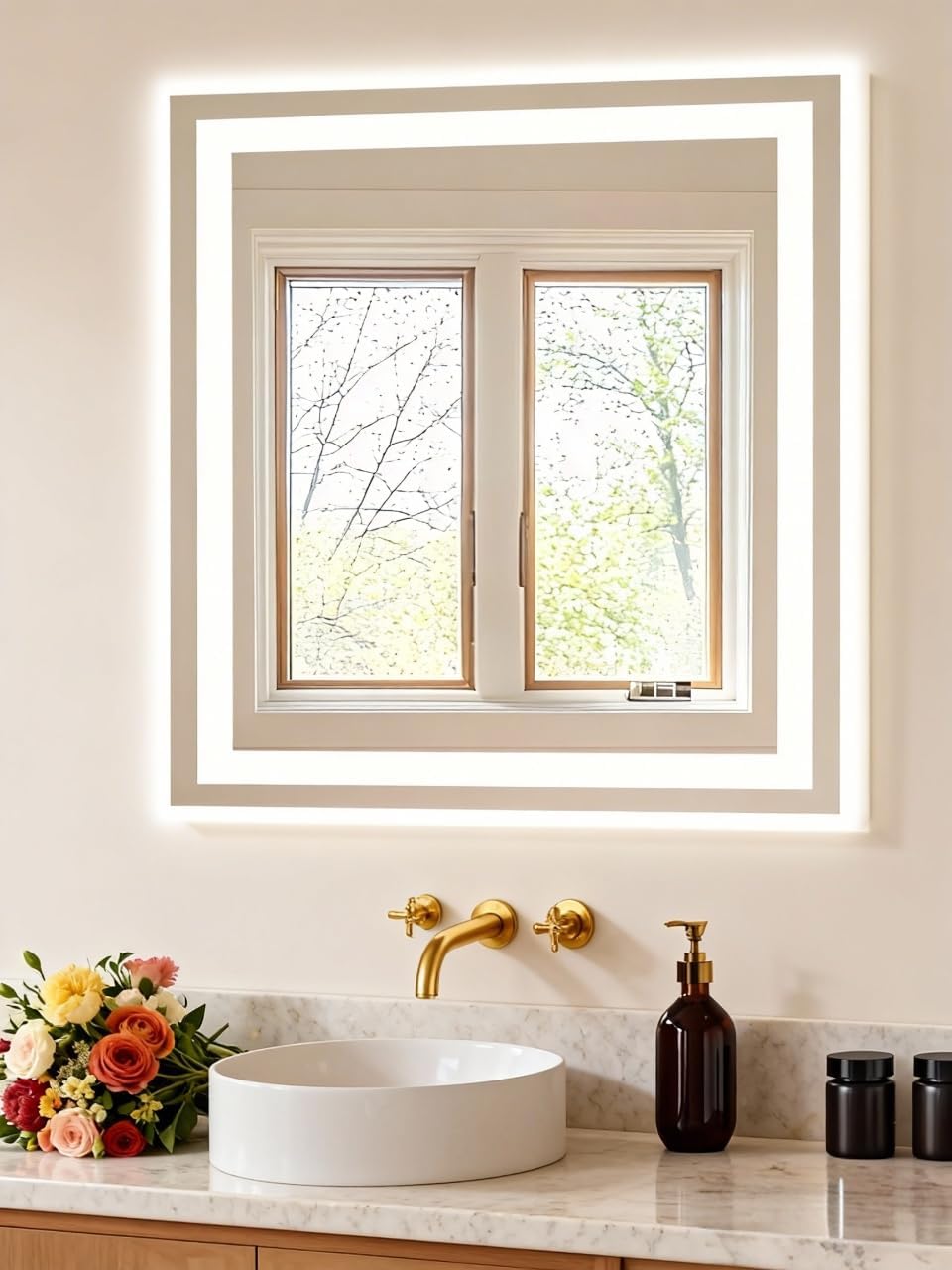 Round Luxe Beige Wall Mirror — 30" — White-rectangular-led