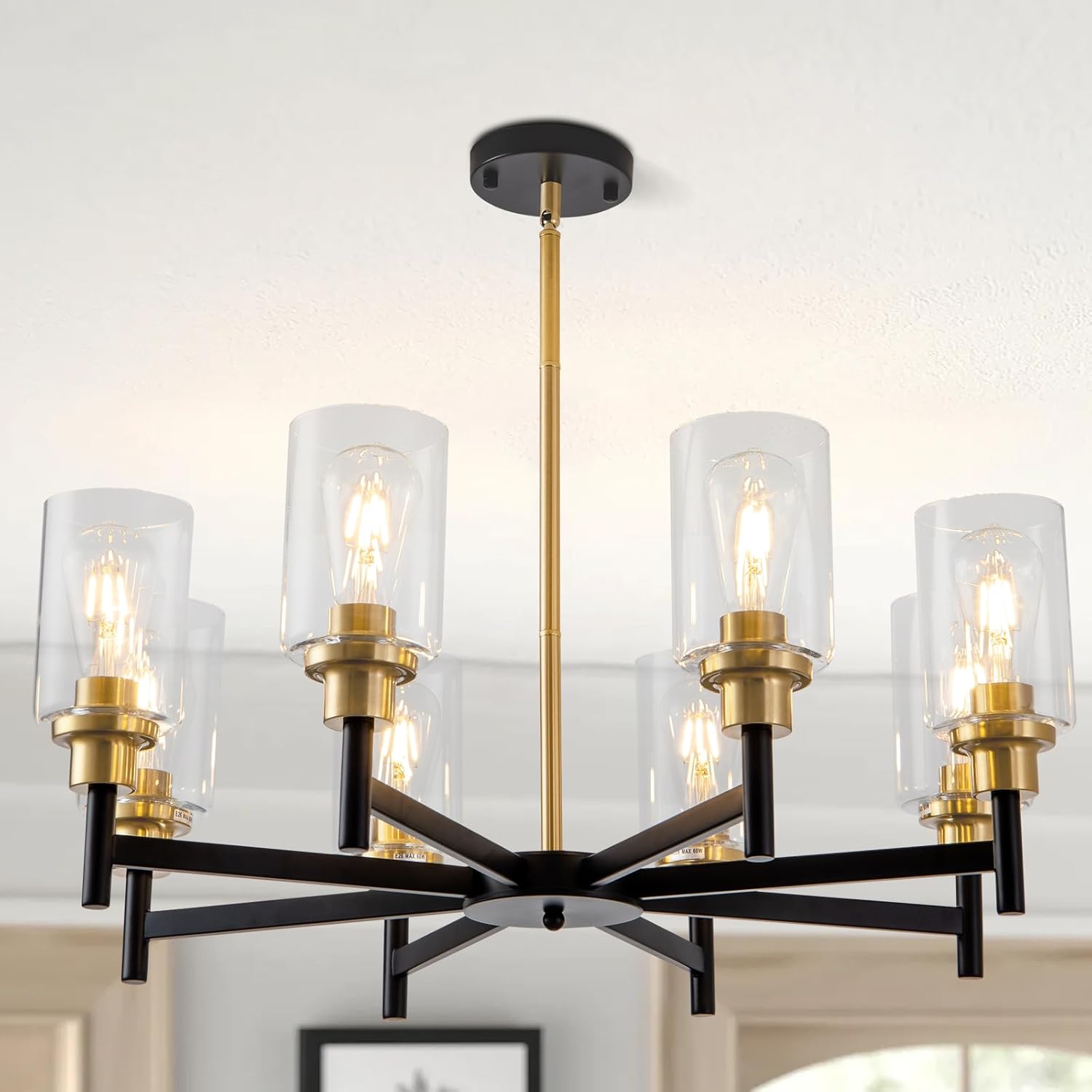 Farmhouse Black Chandelier — 8-Light — Black and Gold