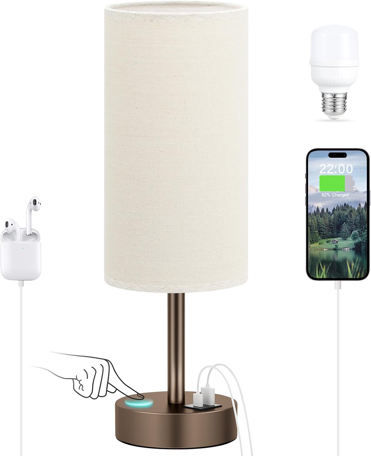 Dimmable Beige Desk Lamp — 14" — Linen & Brown