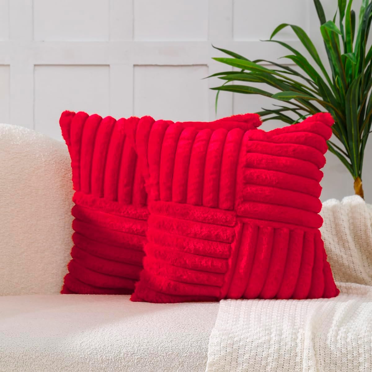 Velvet Boho Beige Throw Pillow Cover — 18" — Red