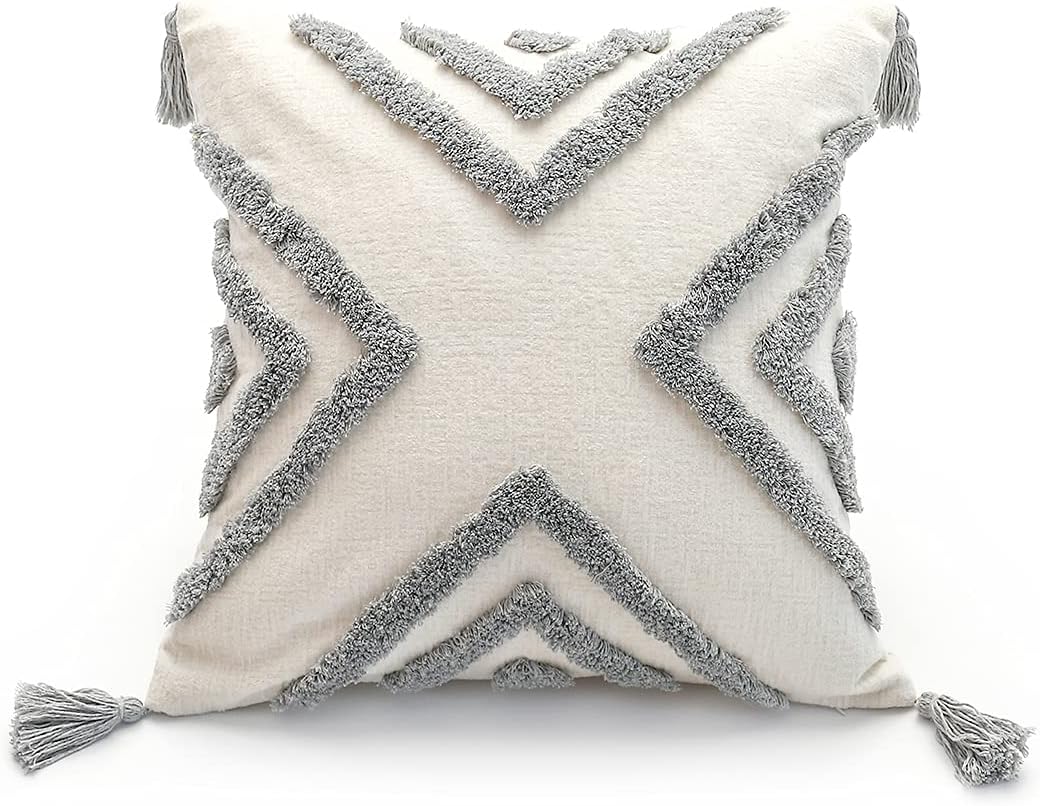 Tufted Boho Grey Throw Pillow Cover — 20" — Grey