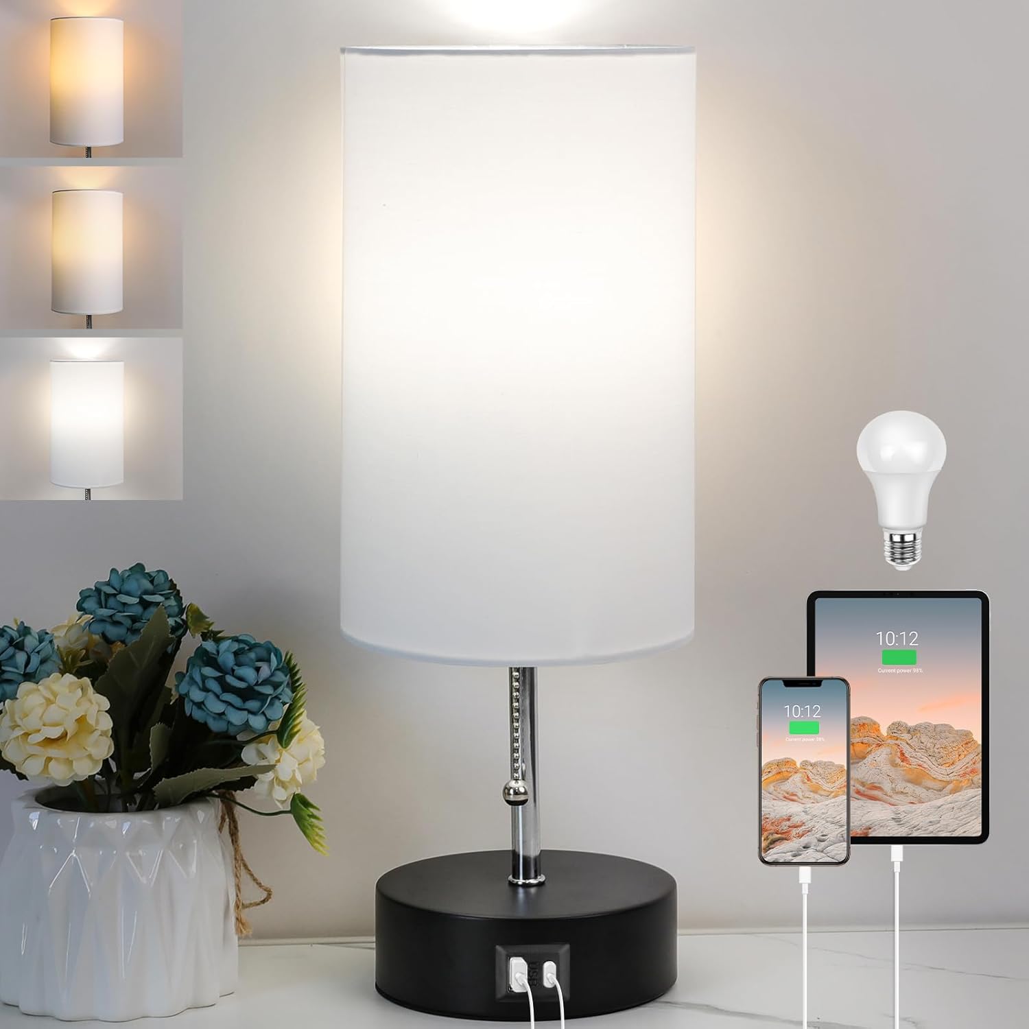 USB Beige Bedside Lamp — White