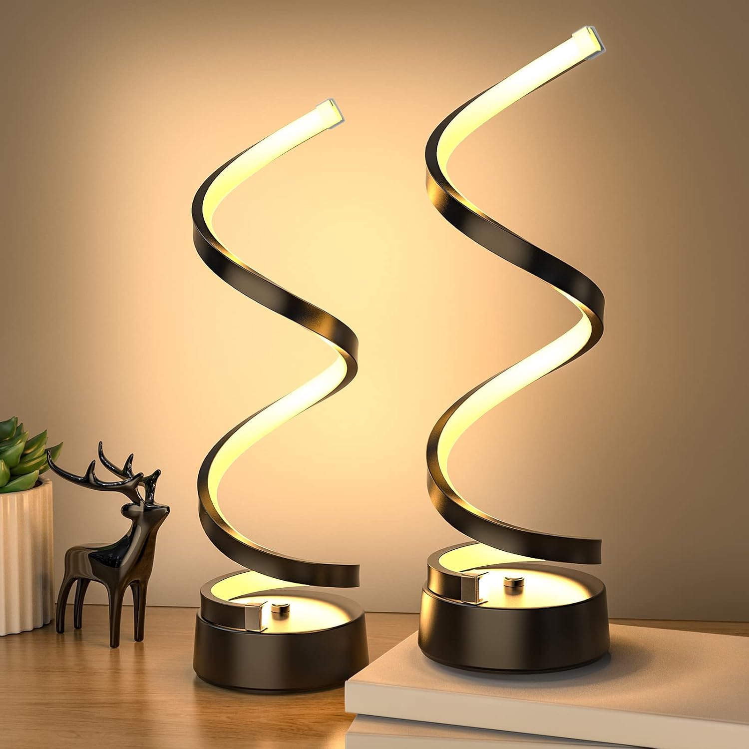 Dimmable Modern Black Bedside Lamp — 8" — Black 2 Pack