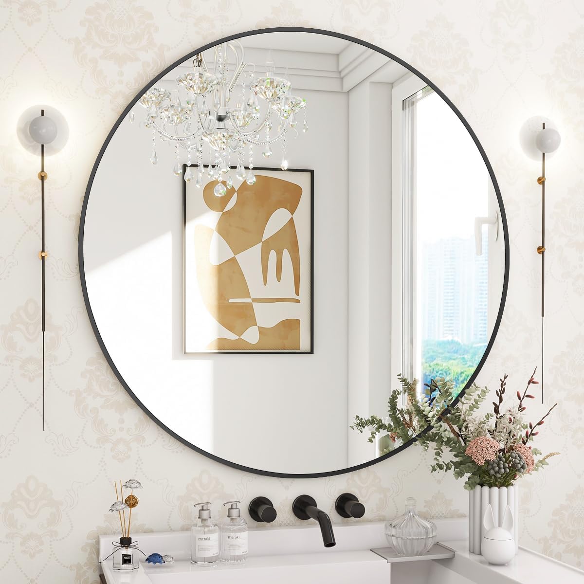 Luxe Black Round Mirror — 24" — Black