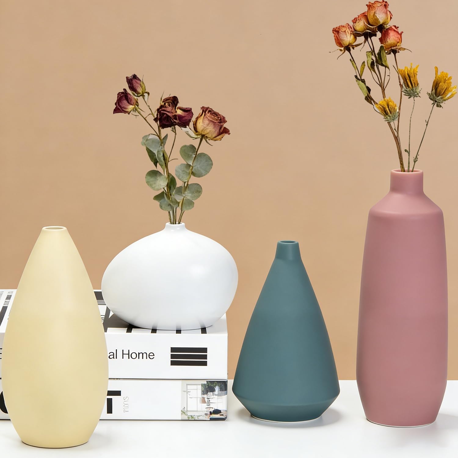 Farmhouse Beige Vase Set — Set of 4 — Rose Red