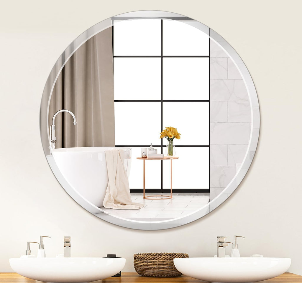 Beveled Beige Wall Mirror — 36" — Round