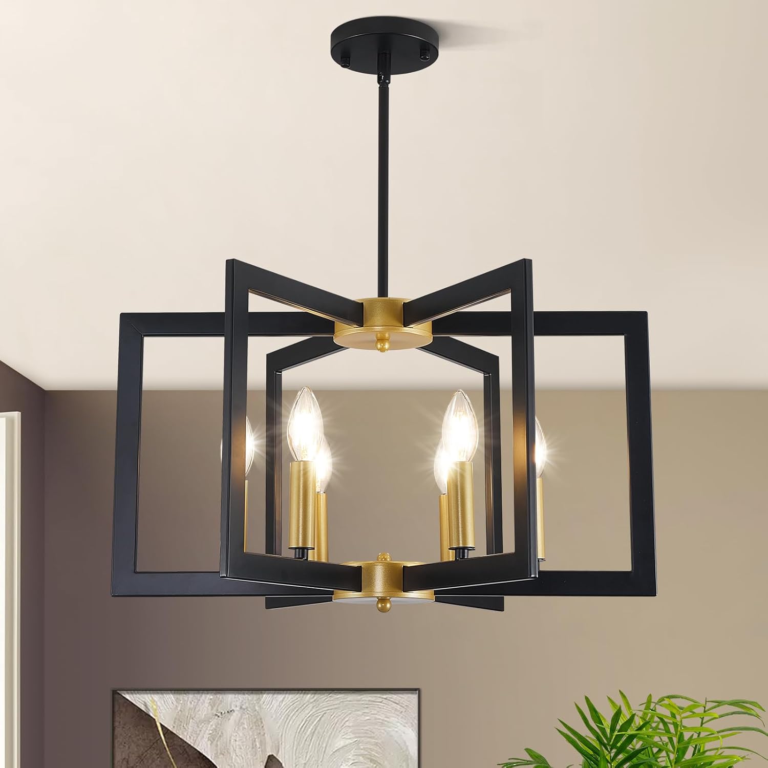 Farmhouse Black Chandelier — 6-Light — Black and Gold-21.6"(No assembly required)