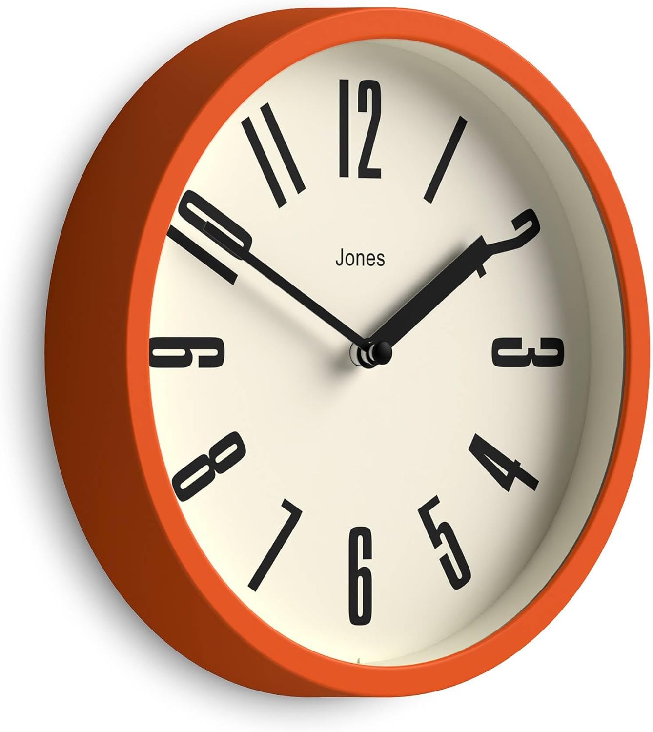 Round Mid-Century Black Wall Clock — 8" — Orange