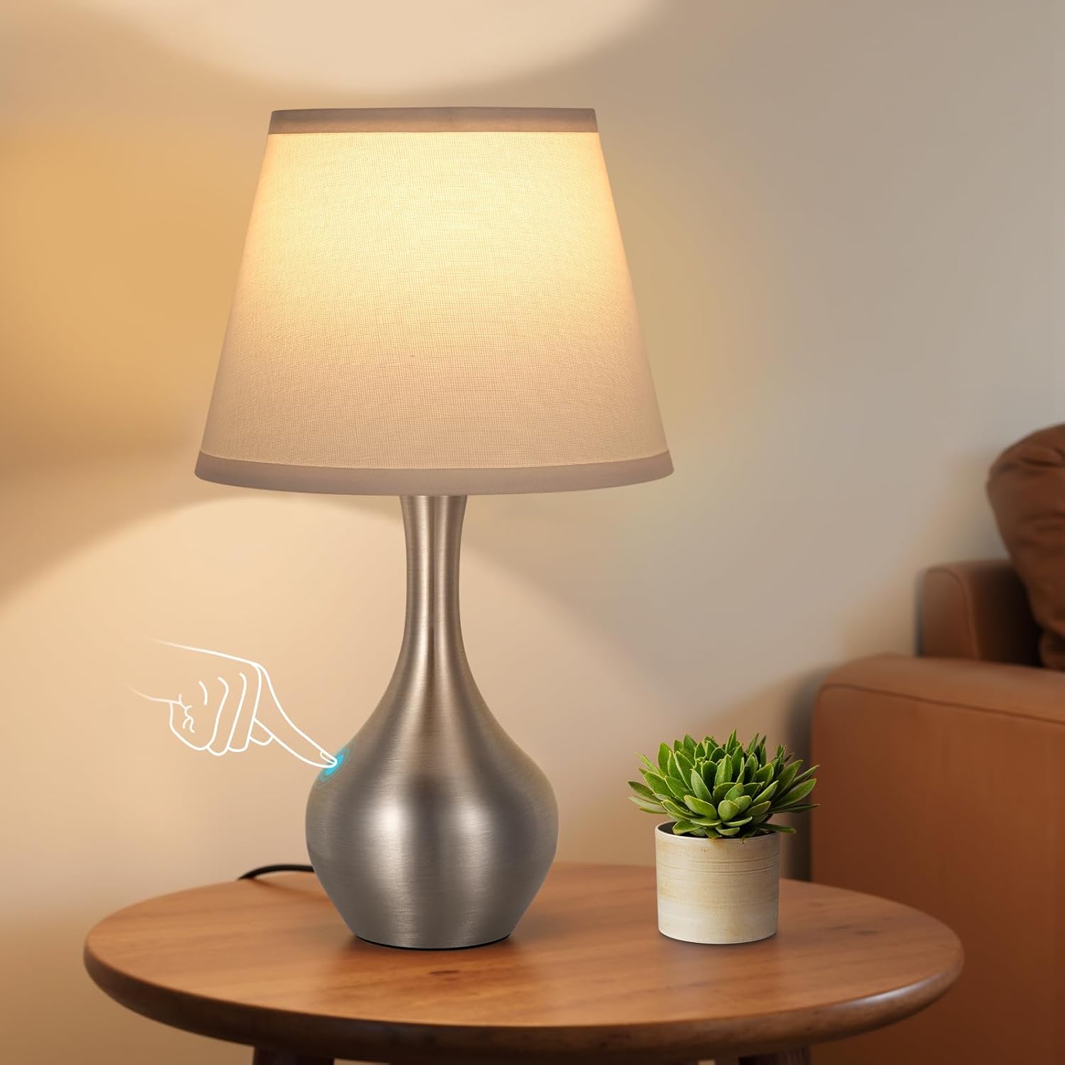 Dimmable Beige Bedside Lamp — 16.1" — G. White Shade & Silver Base